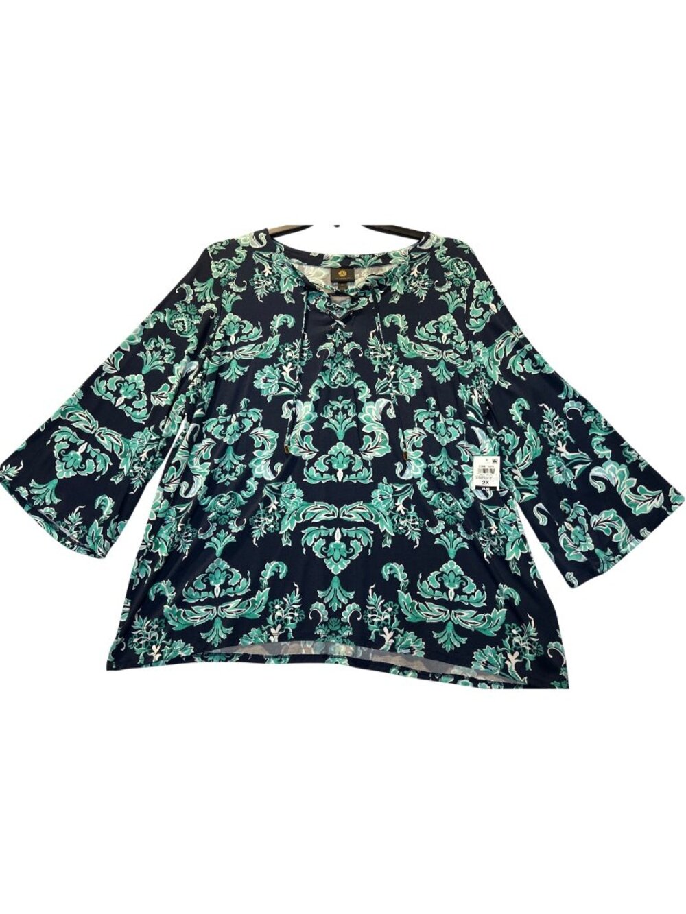 JM Collection Plus Size 2X Blue & Green Printed Lace-Up Tunic Top